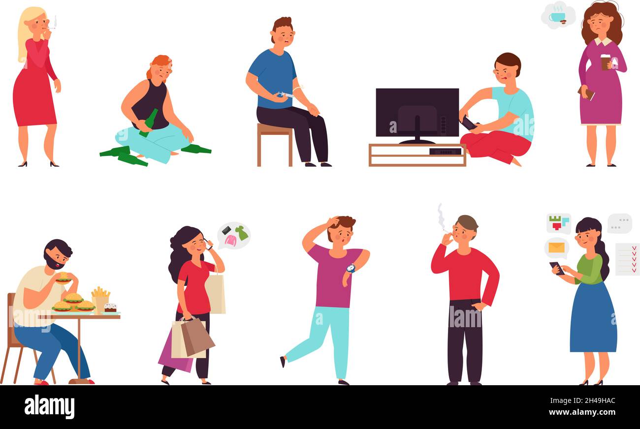 Person with bad habits. Nicotine addiction, tired woman need coffee