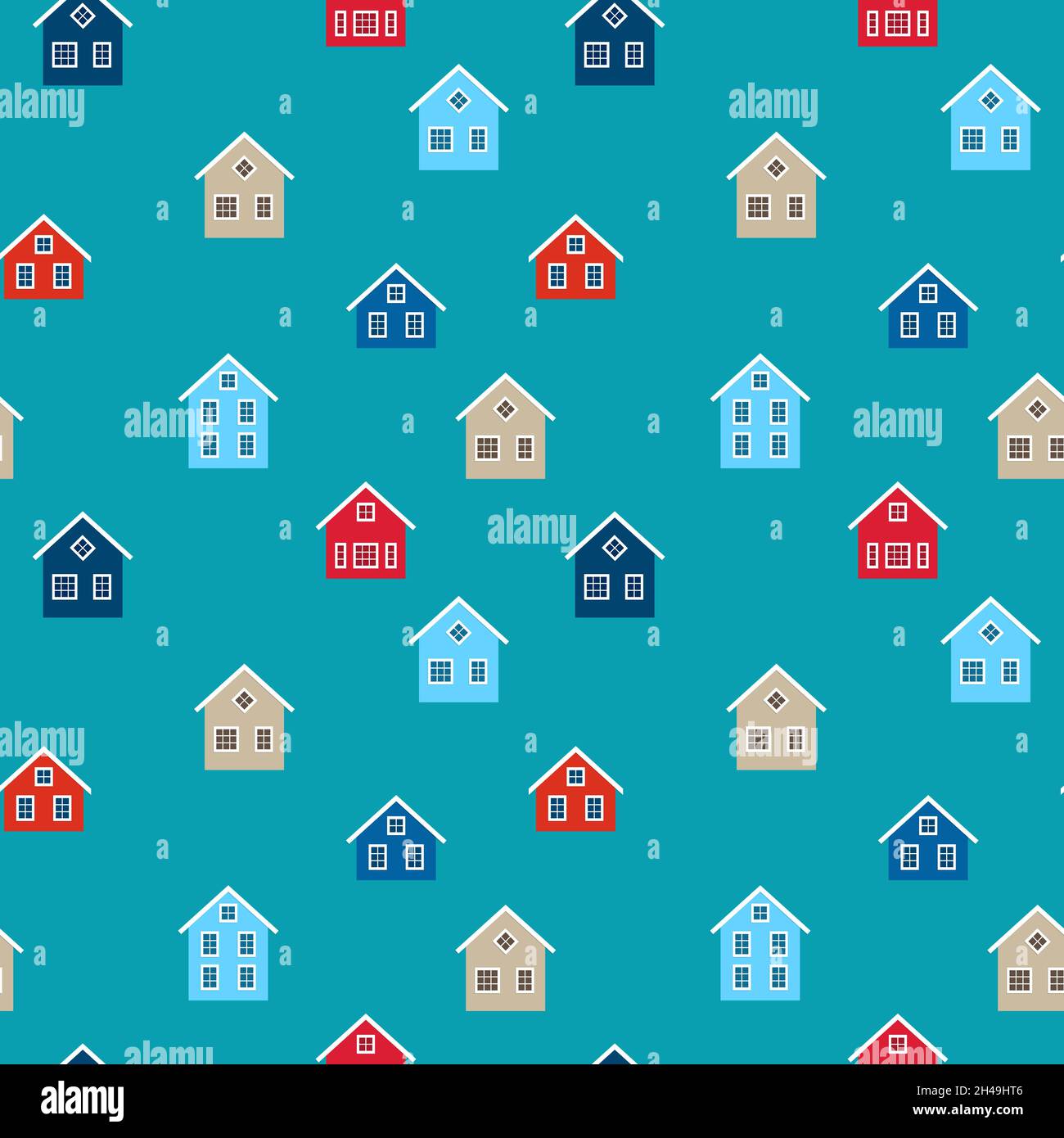 Colored houses on a turquoise background. Seamless pattern for print Stock Vector