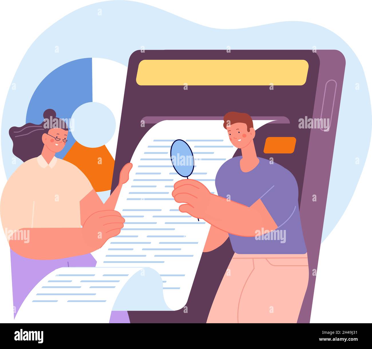 People look at bill. Checking accountant, business check service. Financial calculating, couple take invoice. Banking document utter vector scene Stock Vector