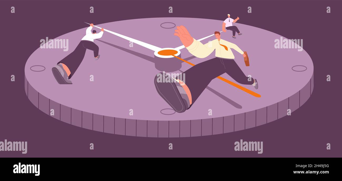 Time management concept. Business people on clock, man run, sitting and