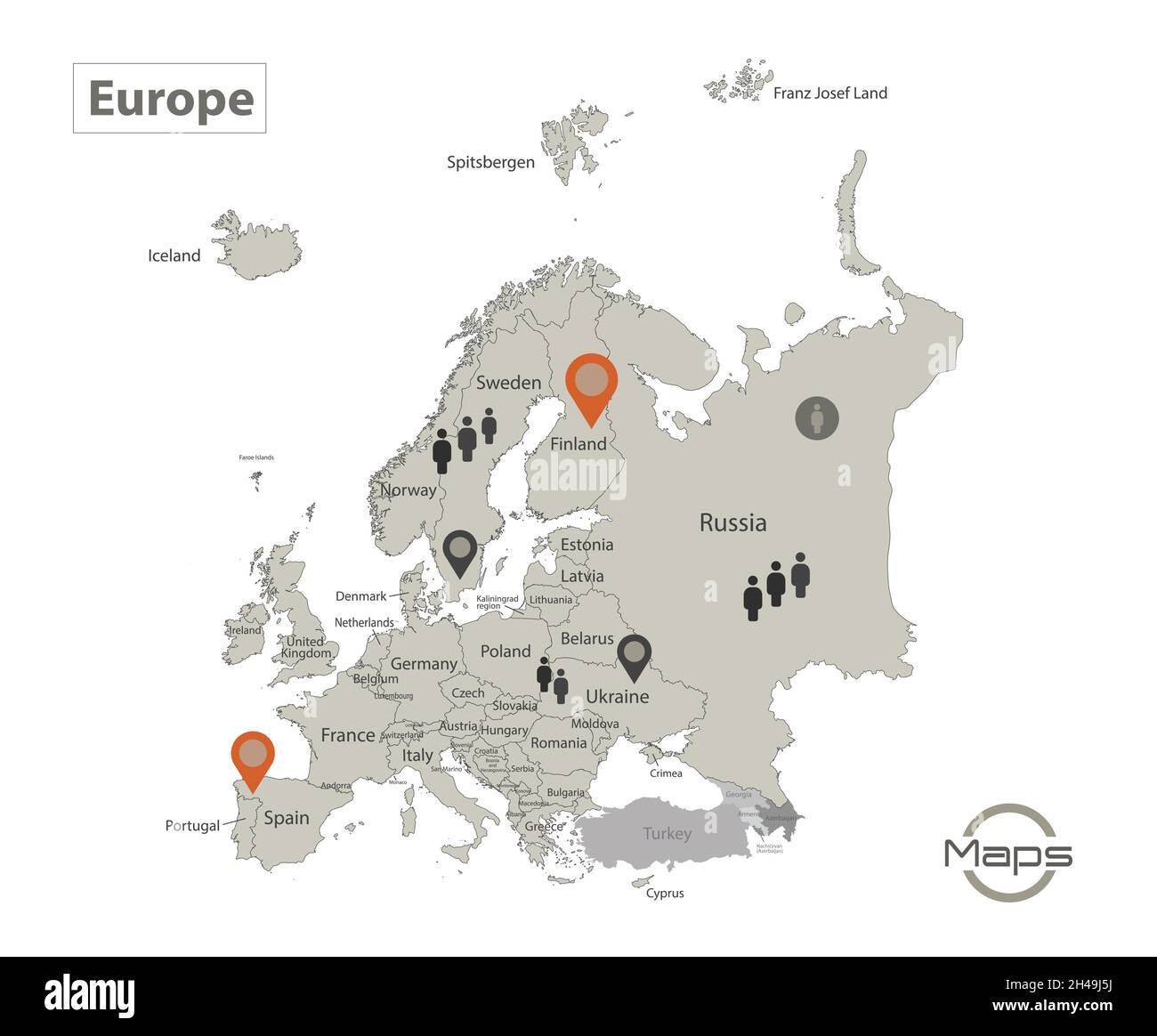 Europe map, individual states with names, Infographics and icons vector