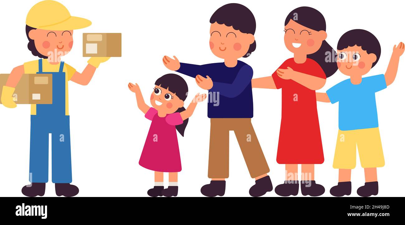 Courier. Delivery guy, worker and happy family. Deliveryman with parcels, isolated boy with boxes, parents and children, decent vector characters Stock Vector