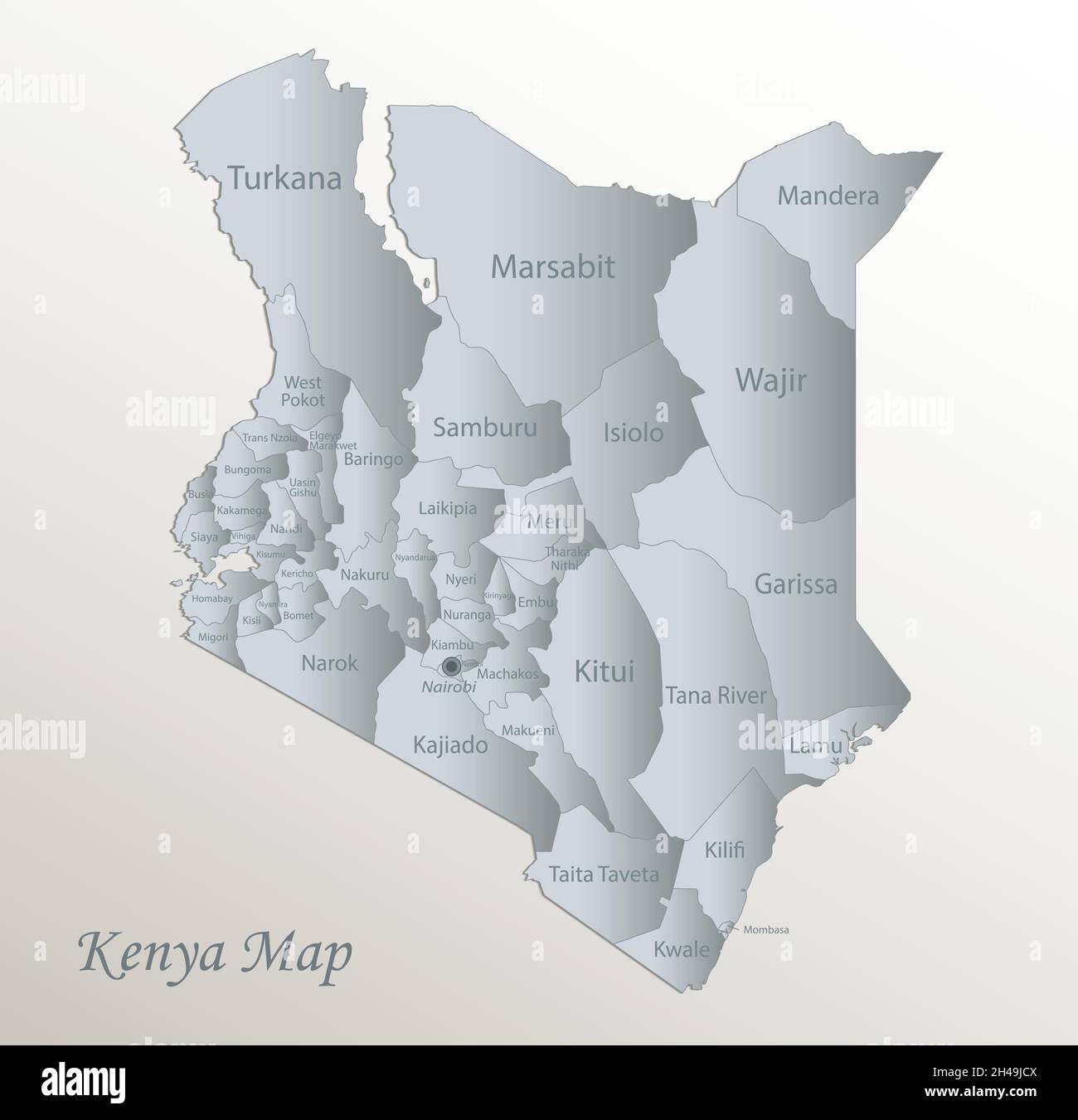 Kenya map, administrative division with names, white blue card paper 3D vector Stock Vector