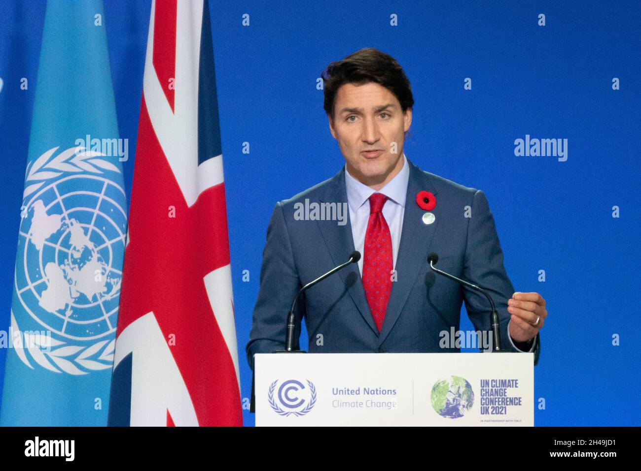 Glasgow, Scotland, UK. 1st November 2021.  Justin Trudeau Prime Minister of Canada gives speech to gives speech to the COP26 UN climate change conference in Glasgow.  Iain Masterton/Alamy Live News. Stock Photo