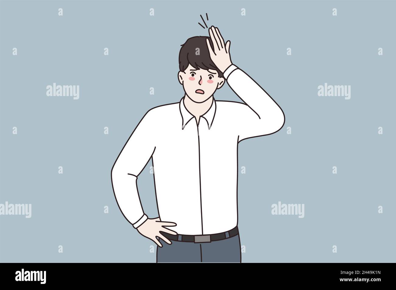 Distressed young businessman hand on head gesture have overwork or deadline at workplace. Unhappy stressed man suffer from migraine or headache. Business problem, workload. Vector illustration.  Stock Vector