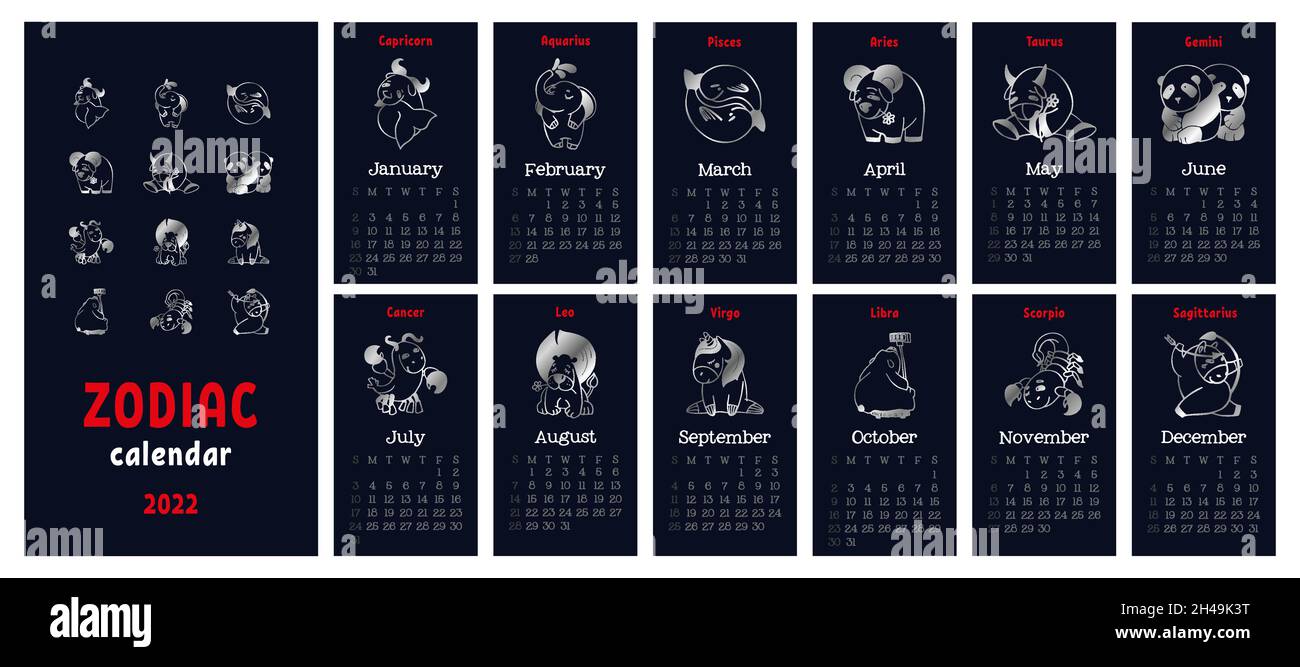 Calendar 2022 With Zodiac Symbols Horoscope Signs. Silver Symbol On A Blue Background Stock Vector Image & Art - Alamy