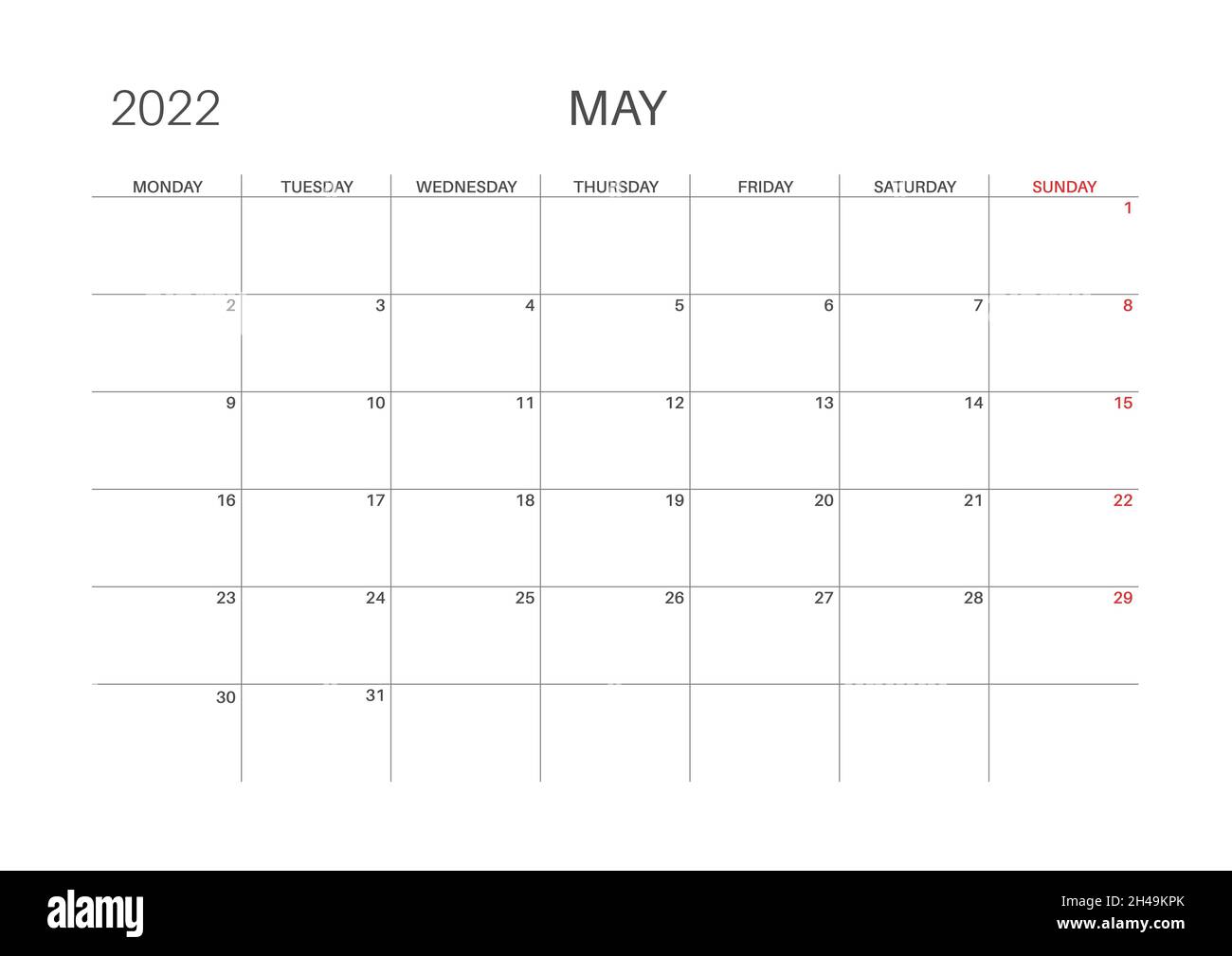 calendar 2022 may month monday week start printable calendar template for planners week number minimalist style stock vector image art alamy
