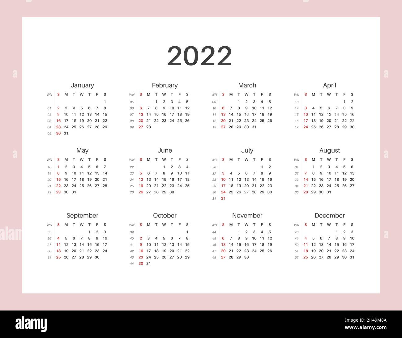 Calendar 2022. Sunday Week Start. Letter Size. Horizontal Album Layout. Printable Calendar Template For Planners. Week Number. Grunge Style Typography Stock Vector Image & Art - Alamy