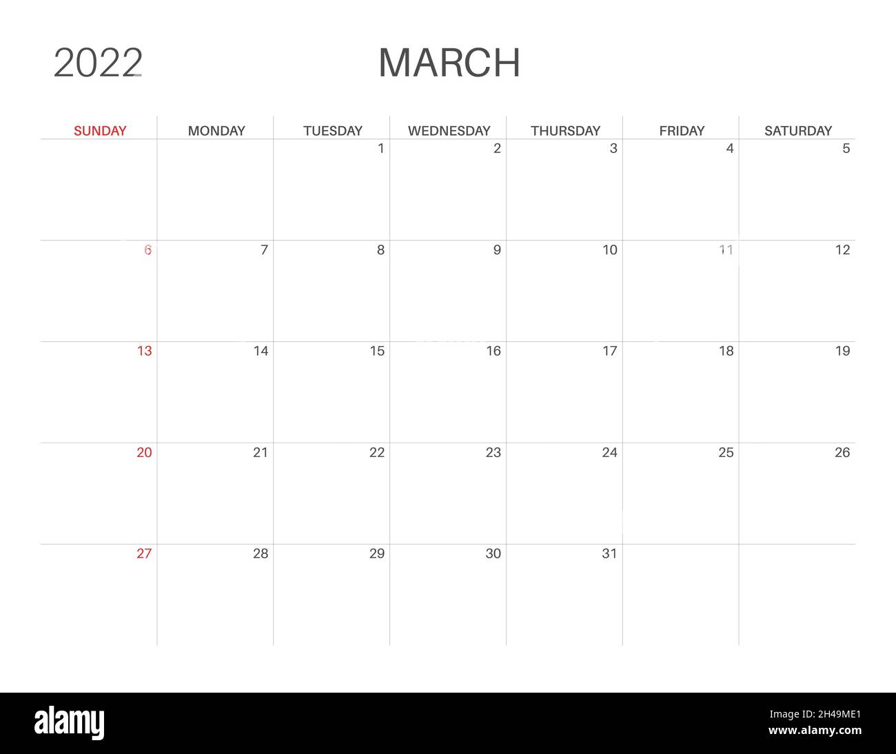 calendar 2022 march month monday week start printable calendar template for planners week number minimalist style stock vector image art alamy