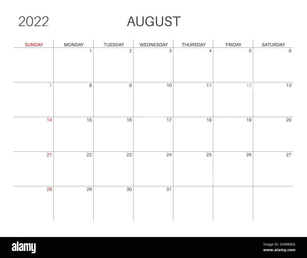 Calendar 2022. August Month. Monday Week Start. Printable Calendar Template For Planners. Week Number. Minimalist Style Stock Vector Image & Art - Alamy
