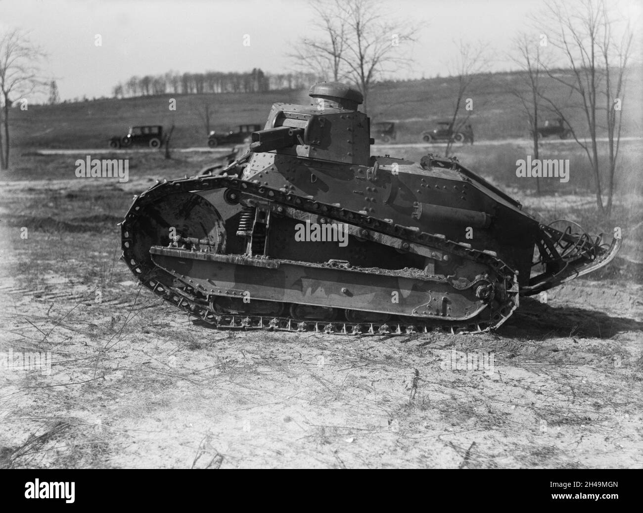 A vintage photo circa 1918 of an American M1917 light tank a license built copy of the French Renault FT tank.  The M1917 did not take part in any combat, but was used domestically to quell various riots and civil unrest. Stock Photo