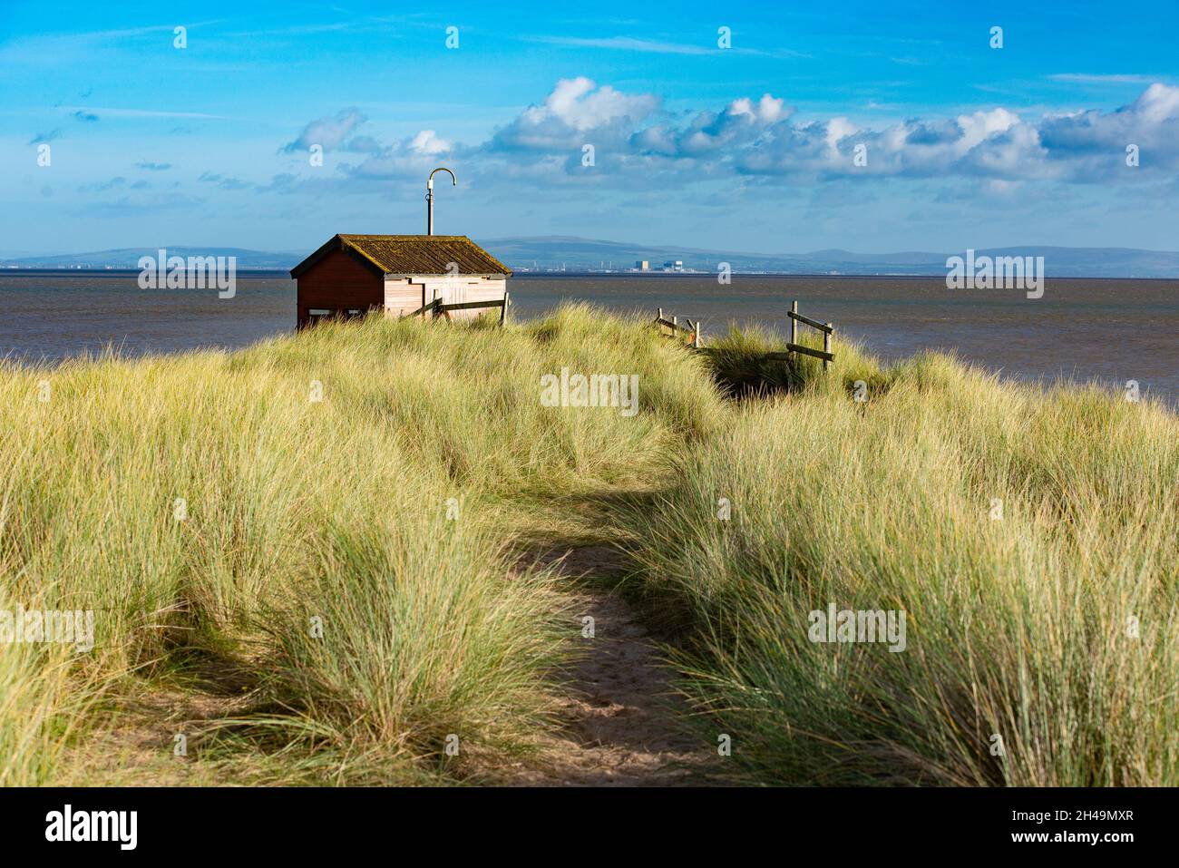 A wildlife hide at South East Point of Walney Island, Barrow-in-Furness, Cumbria, UK. Stock Photo