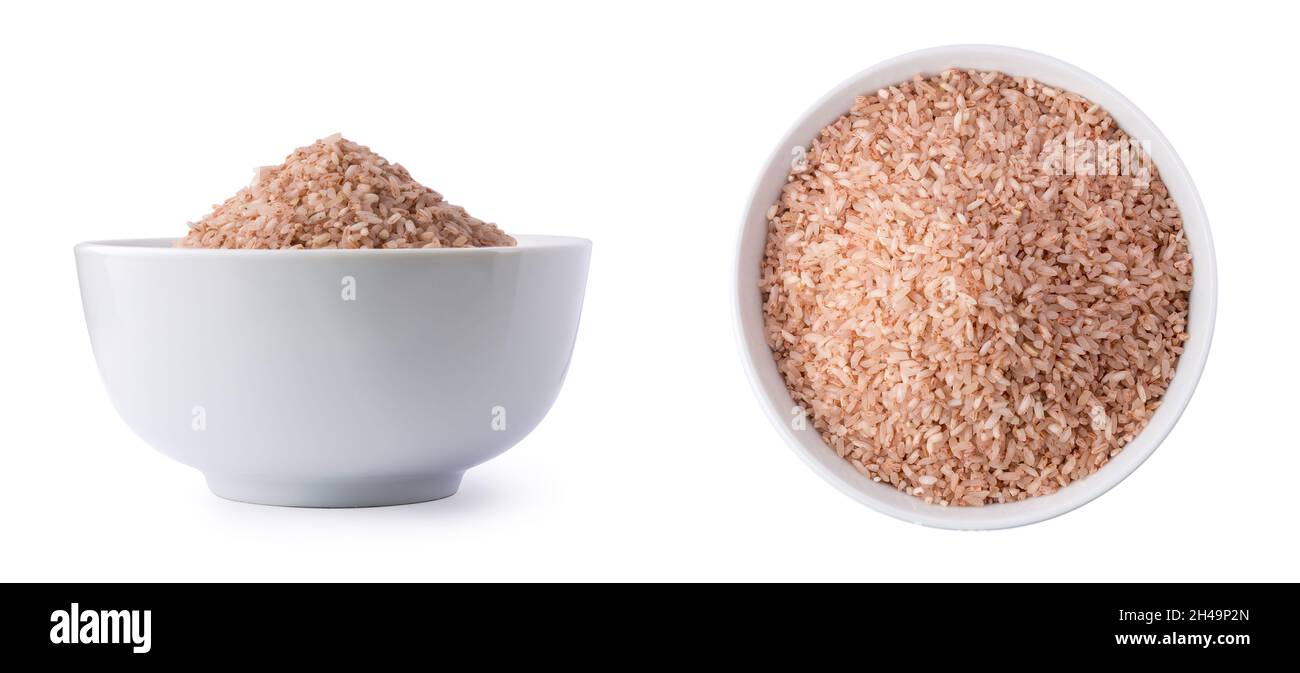 set of whole grain brown rice in a bowl, isolated in white background