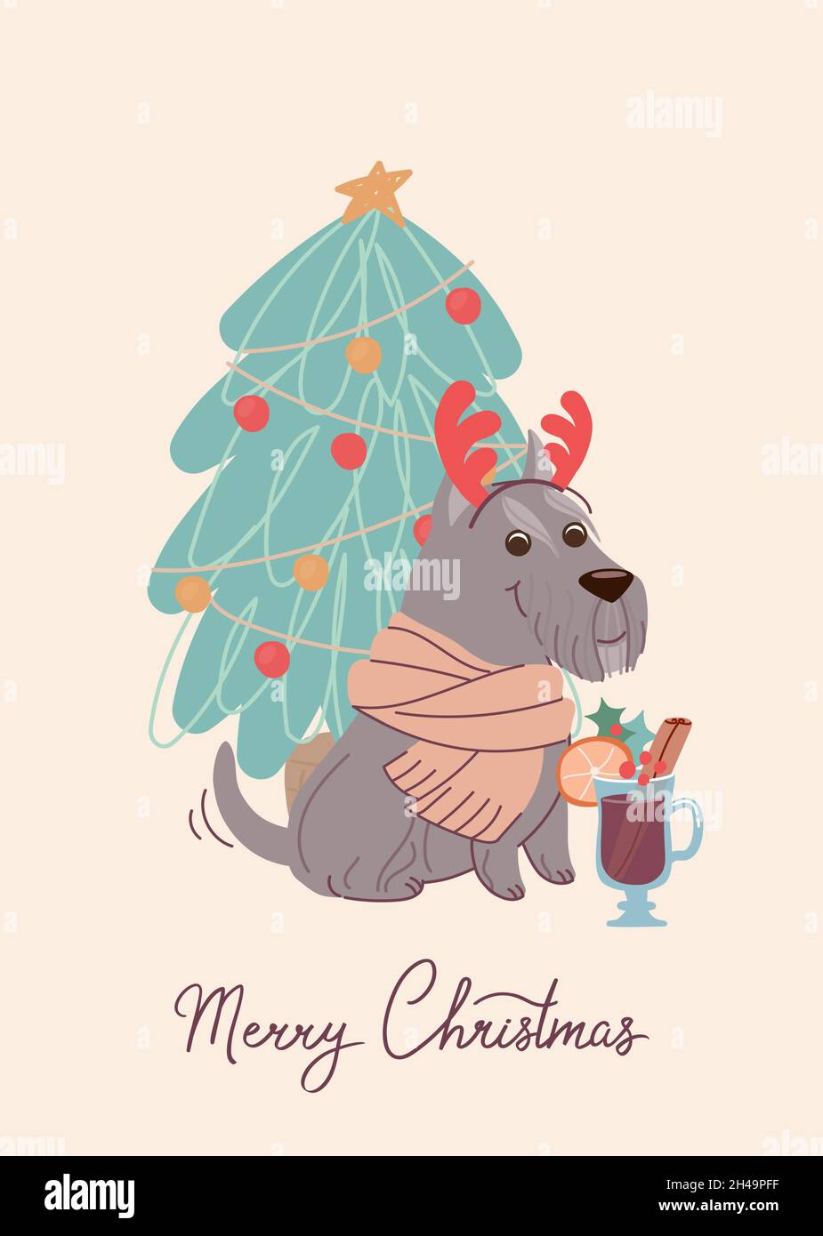 Funny dog schnauzer with christmas tree on christmas card. Vector illustration in flat style and lettering Merry Christmas. Stock Vector