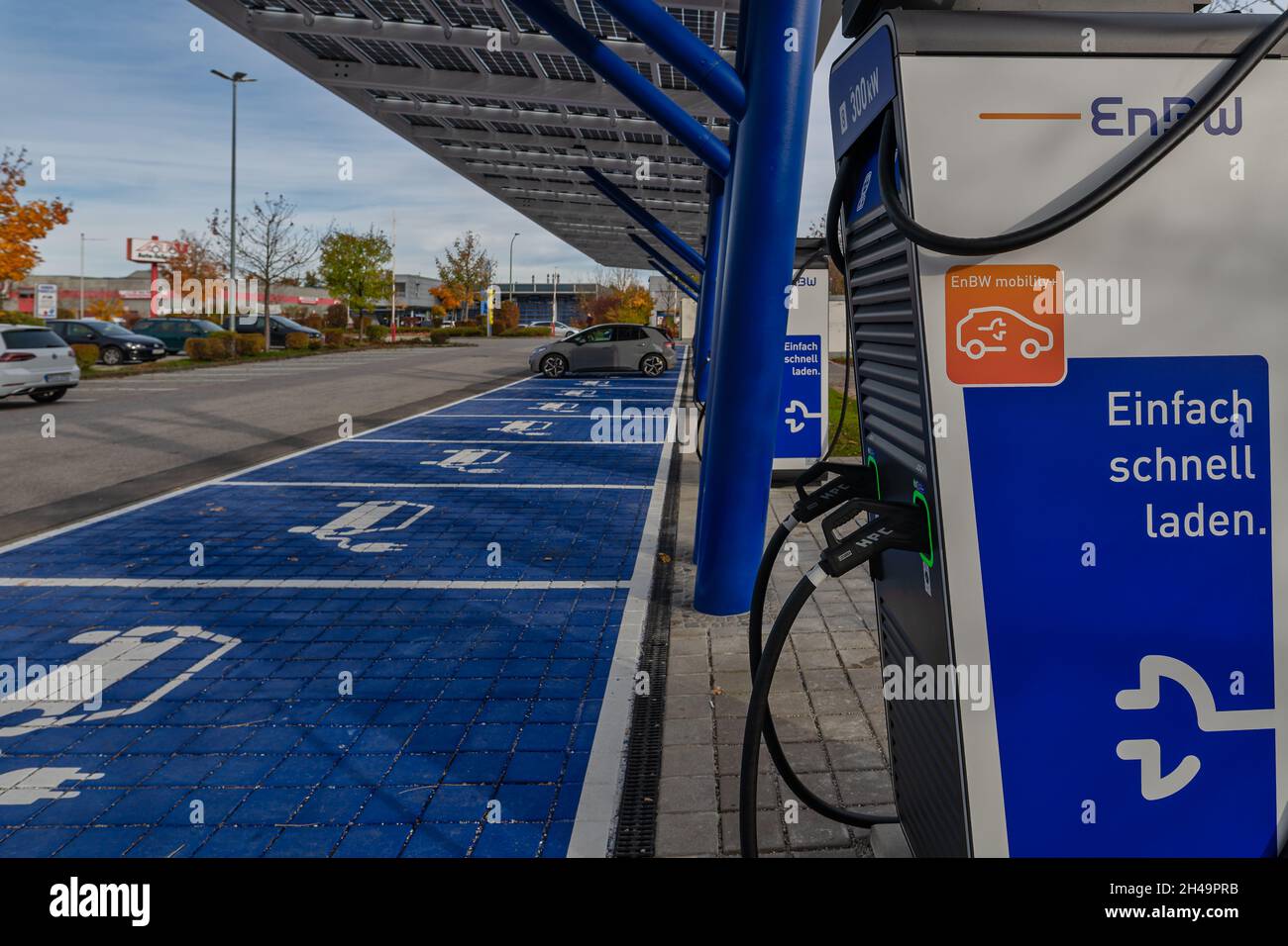 The new e-mobilty charging station of EnBW in the industrial park of Unterhaching, bavaria at the 25th of octobre 2021. Stock Photo
