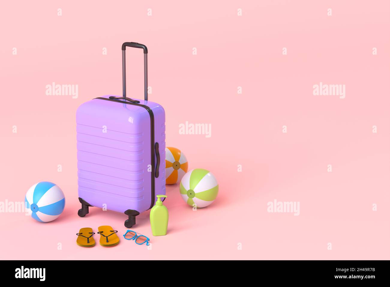 Colorful suitcase or baggage with beach accessories on pink background. Stock Photo