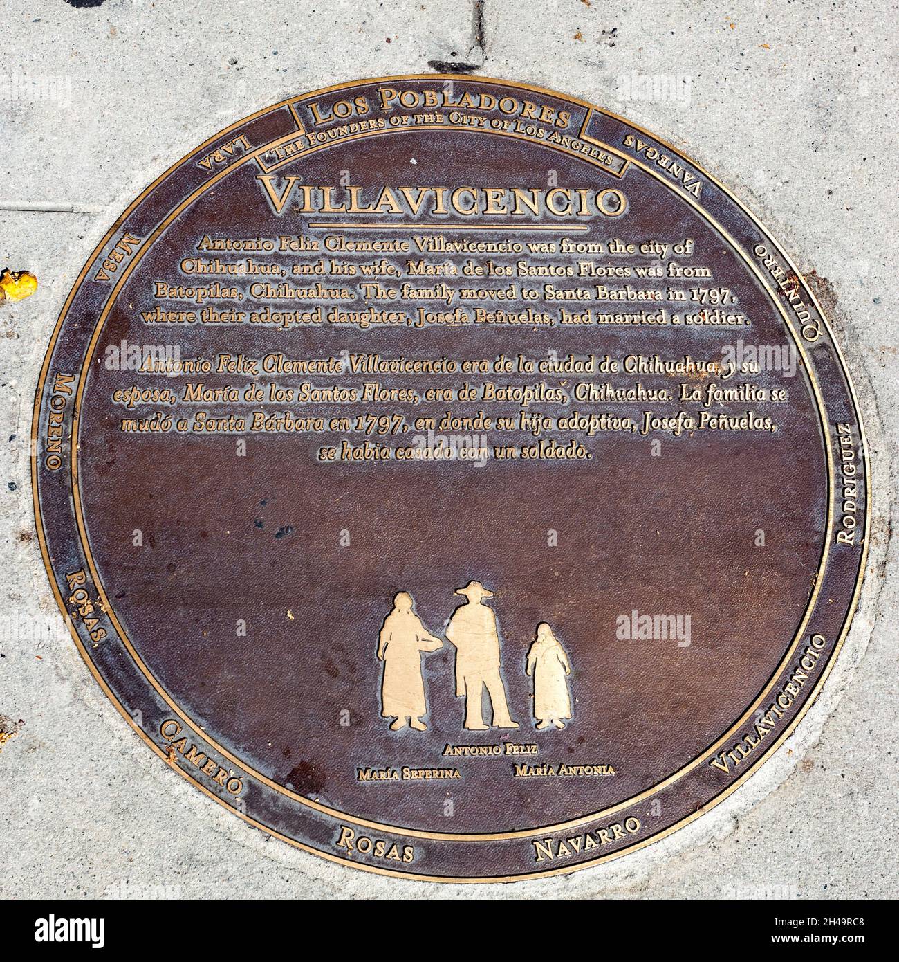 LOS ANGELES, CALIFORNIA, USA - AUGUST 10 : Street plaque commemorating the founders of Los Angeles, California, USA on August 10, 2011 Stock Photo