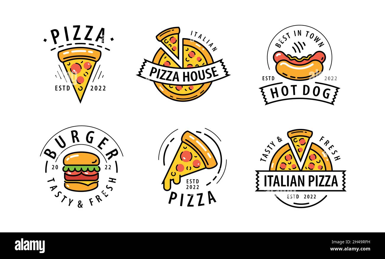 Fast food logos set. Pizza, burger, hot dog emblems for restaurant, cafe menu. Vector