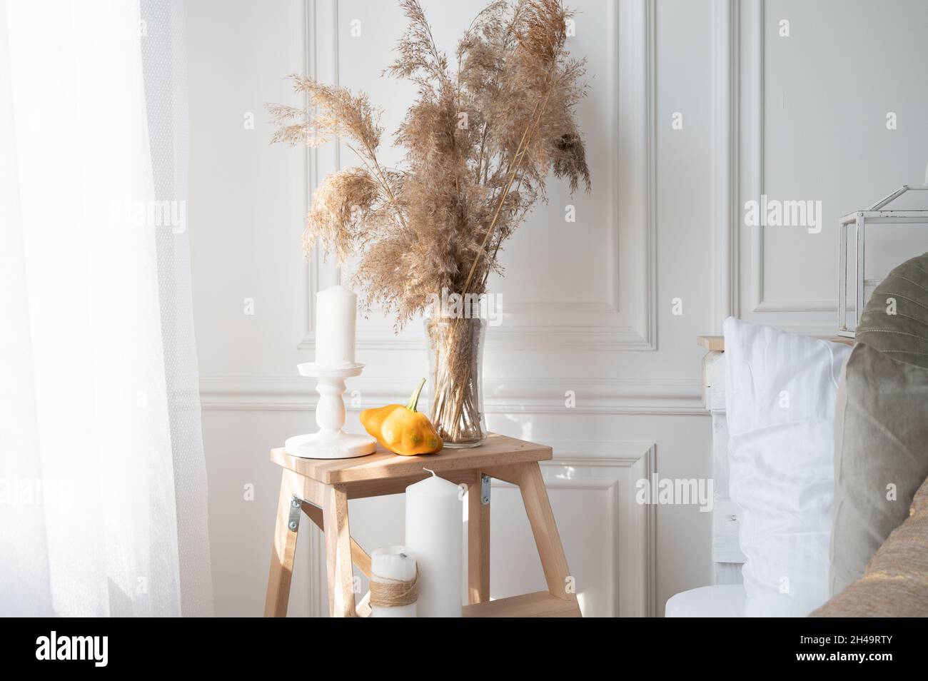 Modern home decor with dried pampas grass in vase. Scandinavian modern