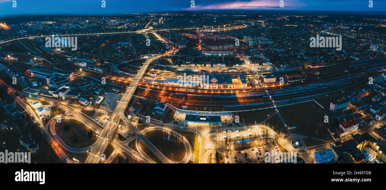 Brest, Belarus. Aerial Bird's-eye View Of Cityscape Skyline. Night Traffic In Residential District. Panorama, Panoramic View Stock Photo