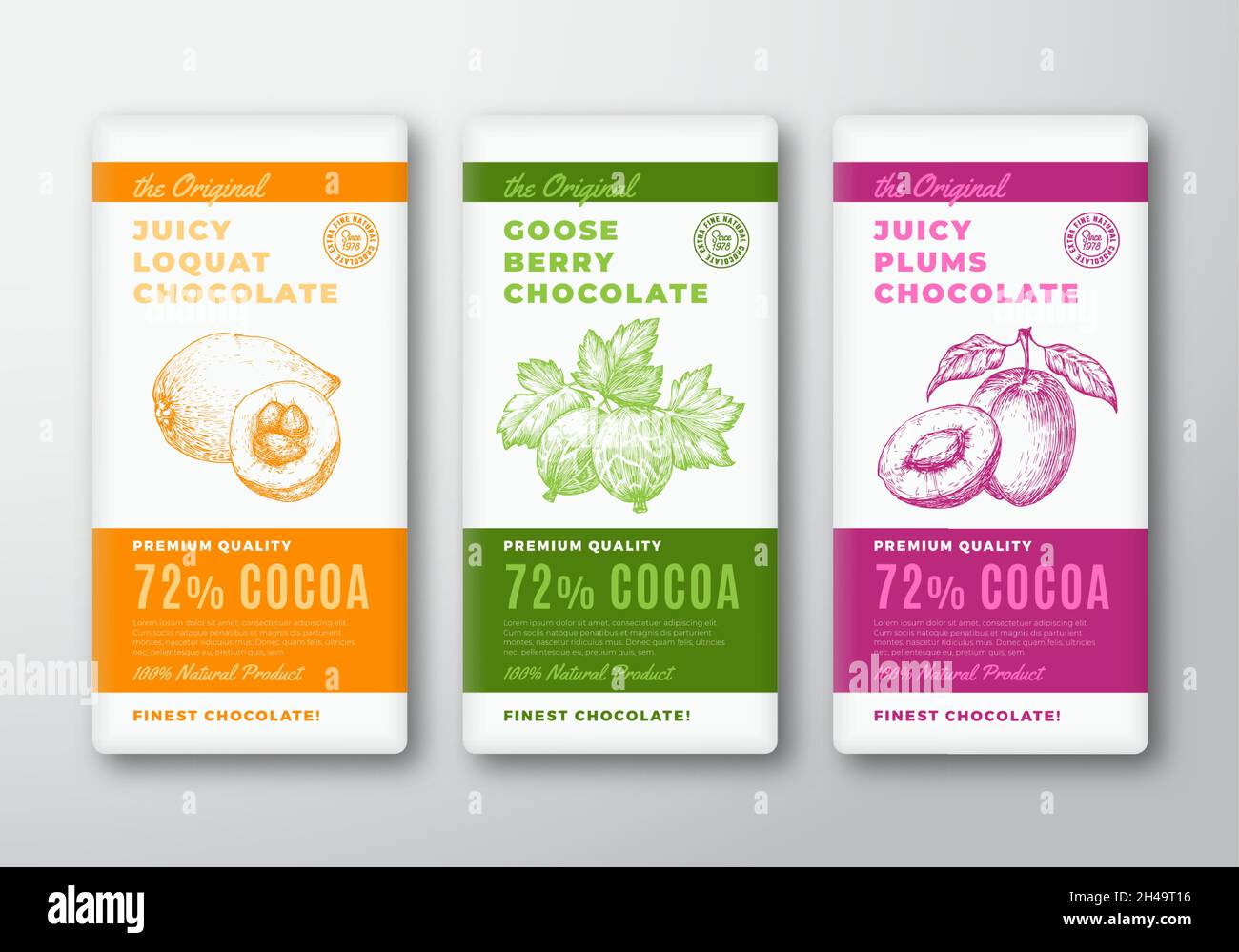 The Original Chocolate Abstract Vector Packaging Design Labels Set. Modern Typography and Hand Drawn Loquat, Gooseberry Berries and Plum Fruit Sketch Stock Vector