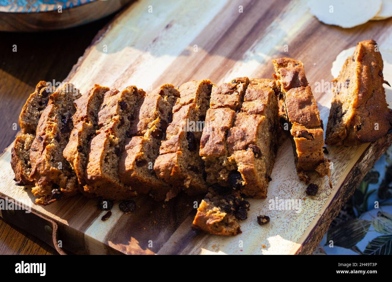 Cake or bread on the board babyshower picnic boho style Stock Photo