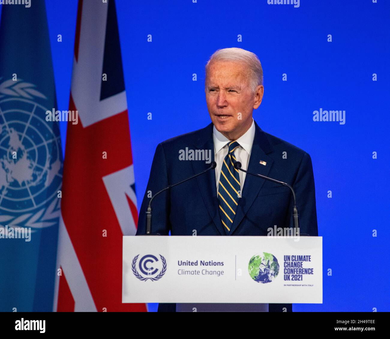 Glasgow, Scotland, UK. 1st Nov, 2021. PICTURED: Joe Biden, 46th President of the United States of America seen addressing the COP26 Climate Change Conference. Credit: Colin Fisher/Alamy Live News Stock Photo