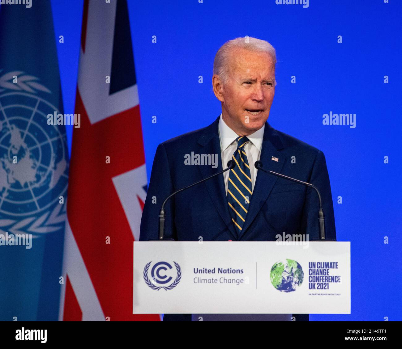 Glasgow, Scotland, UK. 1st Nov, 2021. PICTURED: Joe Biden, 46th President of the United States of America seen addressing the COP26 Climate Change Conference. Credit: Colin Fisher/Alamy Live News Stock Photo