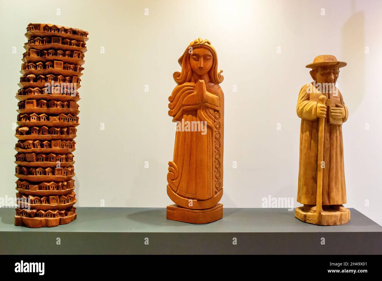 Wood artisanal objects exhibited in the CRAB - SEBRAE Center of Reference for Brazilian Handicraft in Rio de Janeiro, Brazil. Oct. 31, 2021 Stock Photo