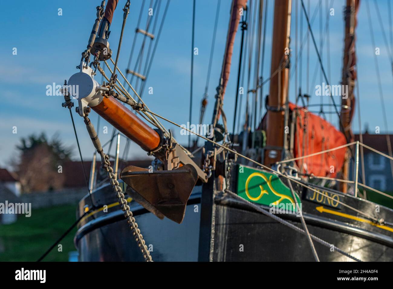 old fashioned sailing ship or galleon rigging and bowsprit, old thames barge style ship on the
