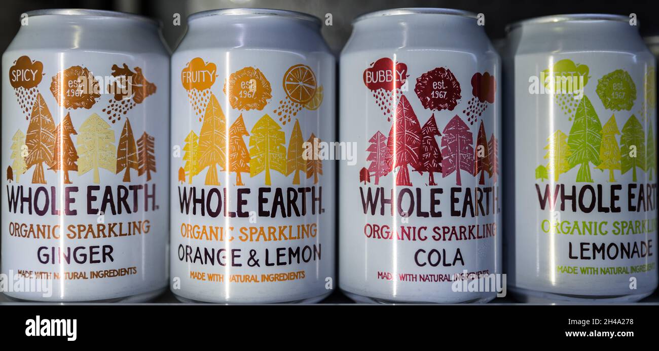 Brussels , Belgium, June 2017, Cans soft drinks of the brand Whole earth Stock Photo