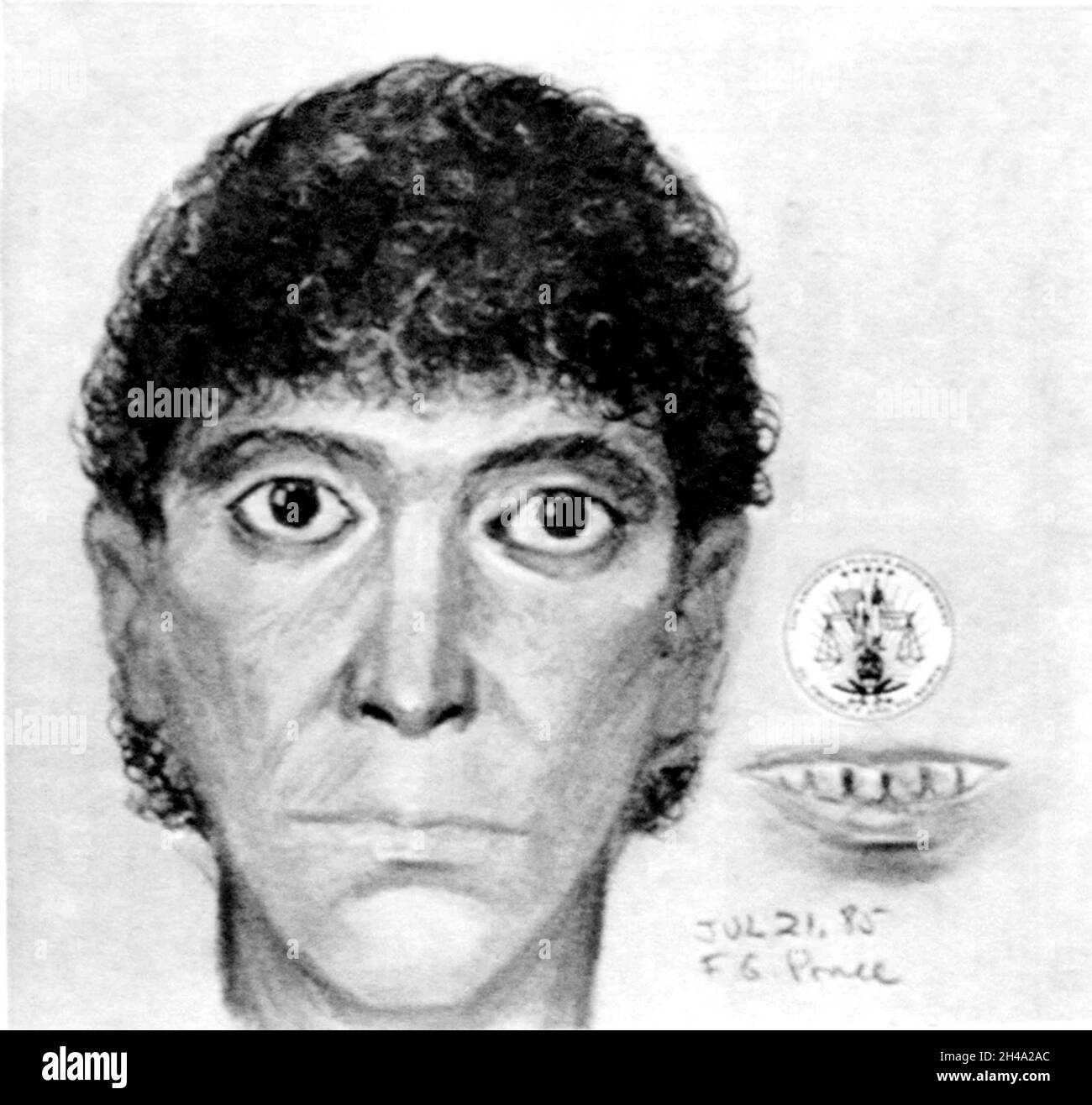1985 , LOS ANGELES , USA : The Satanist serial killer RICHARD RAMIREZ ( 1960 - 2013 ), born Ricardo Leyva Munoz Ramírez , forensic artist's Identikit impression by Los Angeles Police Department , focusing on his 'bulging eyes' and rotten, stinking mouth . Ramirez ' The Night Stalker ' was  also serial rapist , kidnapper , child molester and burglar , was an American spree killer who murdered at least 13 people , from 17 march to 31 august 1985  . Unknown photographer .- SERIAL KILLER  - portrait - ritratto - serial-killer - assassino seriale - CRONACA NERA - criminale - criminal - SERIAL KILLE Stock Photo