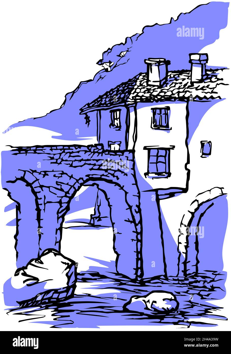 Fragment of an old stone bridge and a house. Black and white drawing with blue shadows. Stock Vector