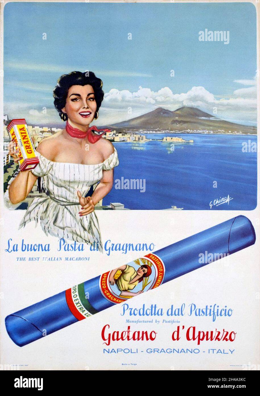 1955 ca , ITALY  : Italian advertisent poster for the PASTA GAETANO D'APUZZO , from Gragnano ( Napoli ),  advertising poster. Artwork by painter G. Chiozza . - pubblicità - illustration - illustrazione - ANNI CINQUANTA - 50's - '50 -  pubblicità - annuncio pubblicitario - reclame - advertise - poster - industry - industria alimentare - ALIMENTO - ALIMENTI - ITALIA - ITALY - INDUSTRIA - FACTORY - cibo - food ----- Archivio GBB Stock Photo