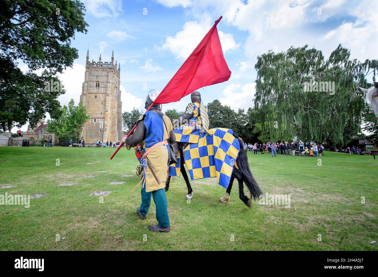 Knights gather at Abbey Ground before a later re-enactment of The Battle of Evesham. Stock Photo