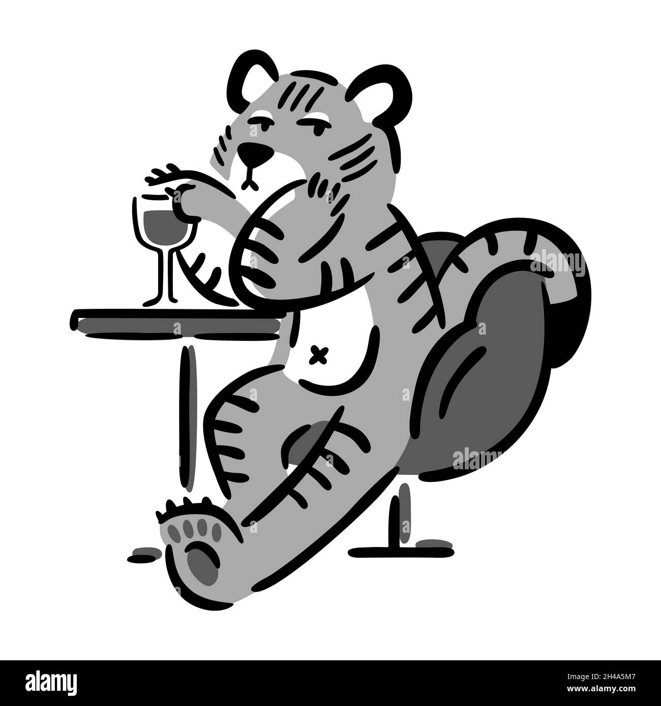 Tiger sitting in chair with glass of wine. Chinese zodiac animal. Symbol of the new year 2022, 2034. Vector illustration isolated on white background. Stock Vector