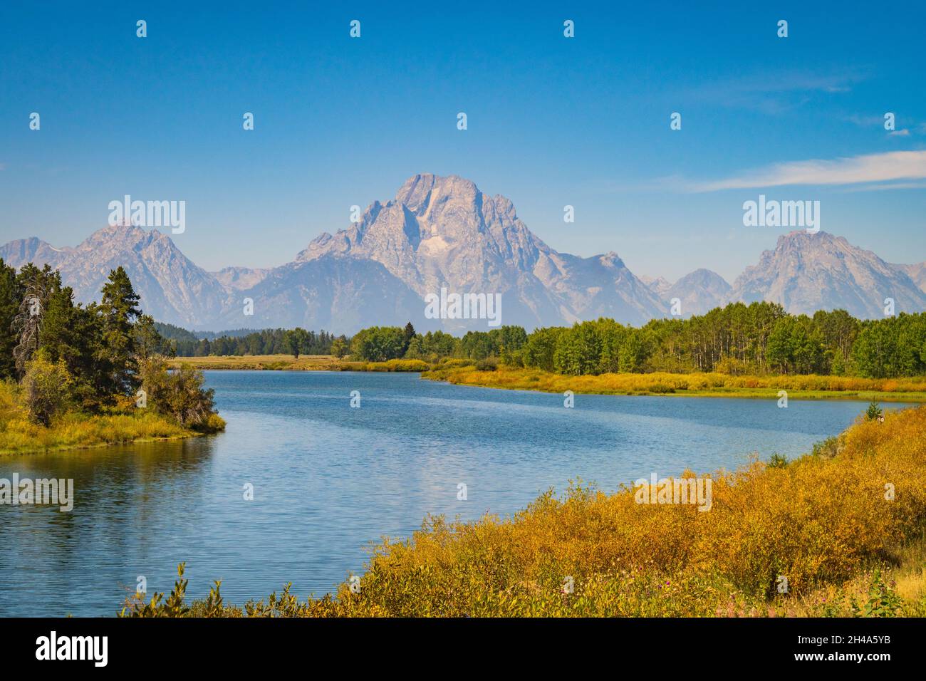 Oxbow Bend with Mount Moran ahead in Grand Teton National Park, Wyoming Stock Photo