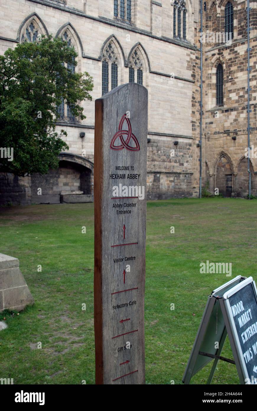 Signs for Hexham Abbey and indoor market, Hexham, Northumberland ...