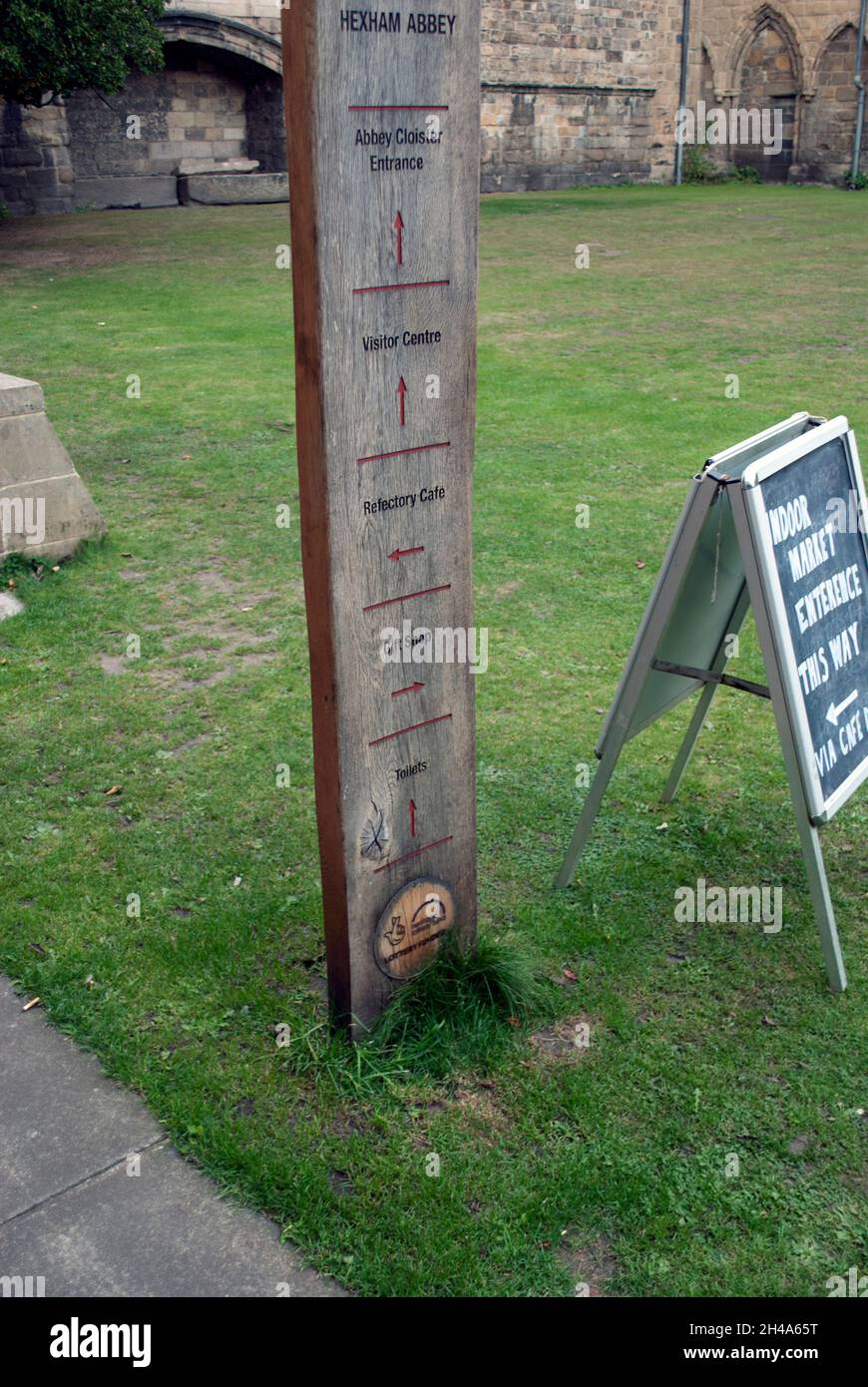 Signs for Hexham Abbey and indoor market, Hexham, Northumberland ...
