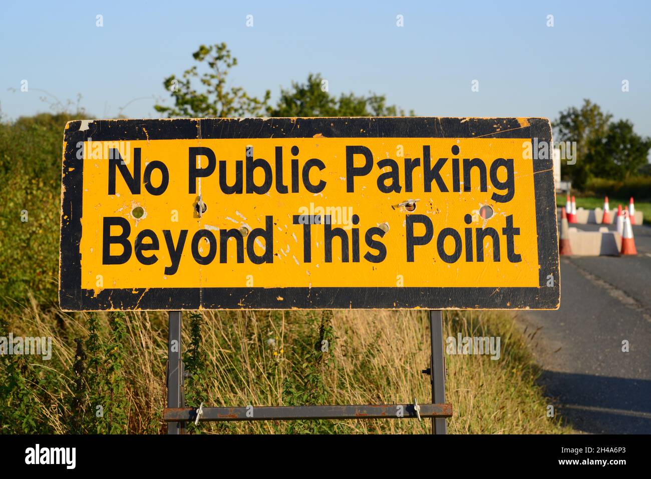 warning sign of no public parking in road ahead york united kingdom Stock Photo