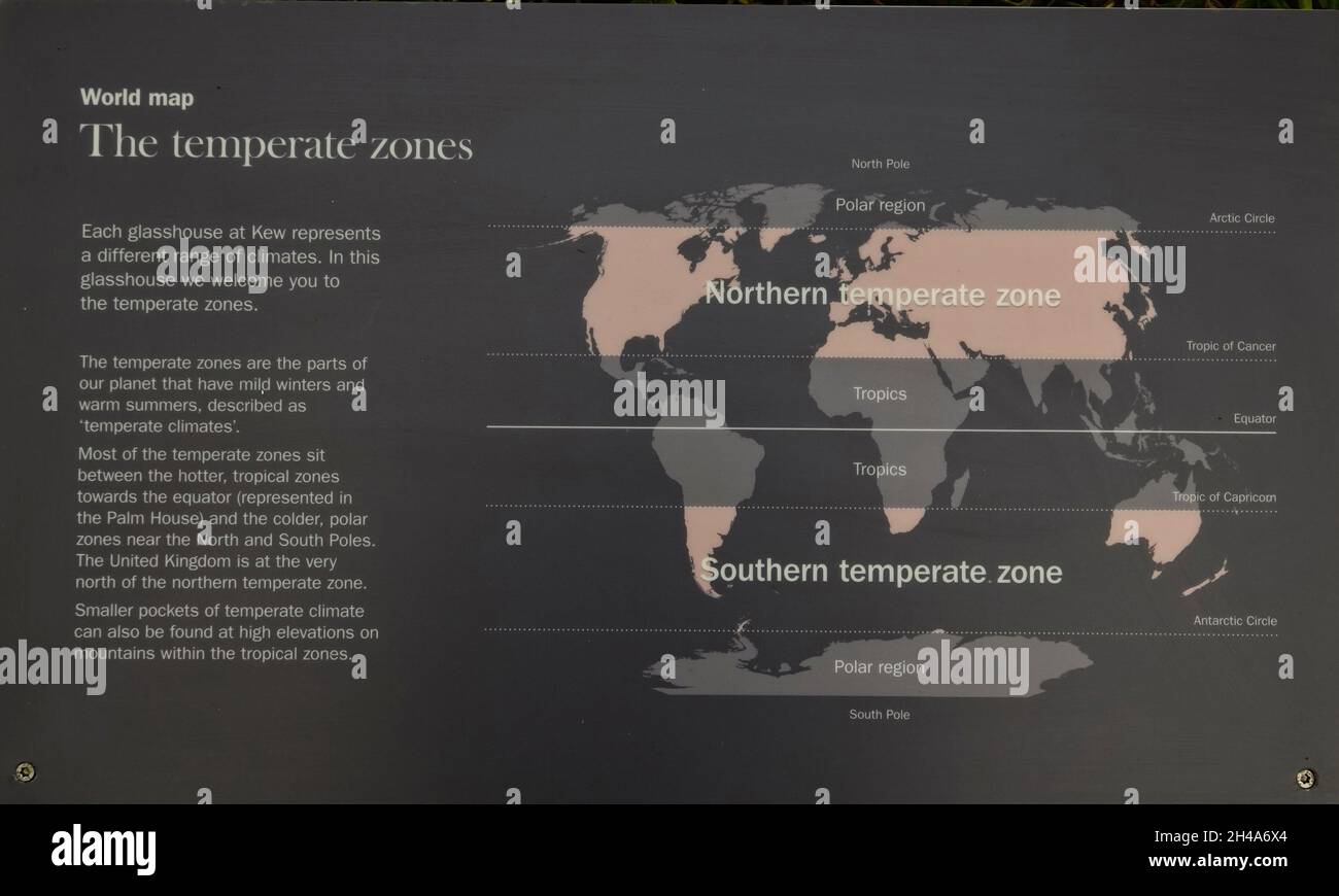 Royal Botanic Gardens Kew, Middlesex, UK  Views and angles at the famous gardens in Kew, Middx, U.K. Here a map displaying the Temperate zones of the world and the two “Tropical Zones” Cancer and Capricorn Stock Photo