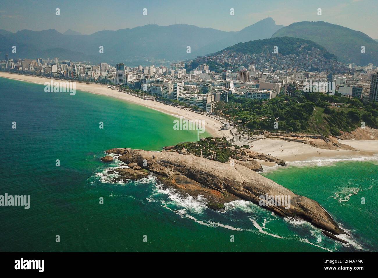 Aerial View of Arpoador Rock on the Coast of Rio de Janeiro, Brazil Stock Photo
