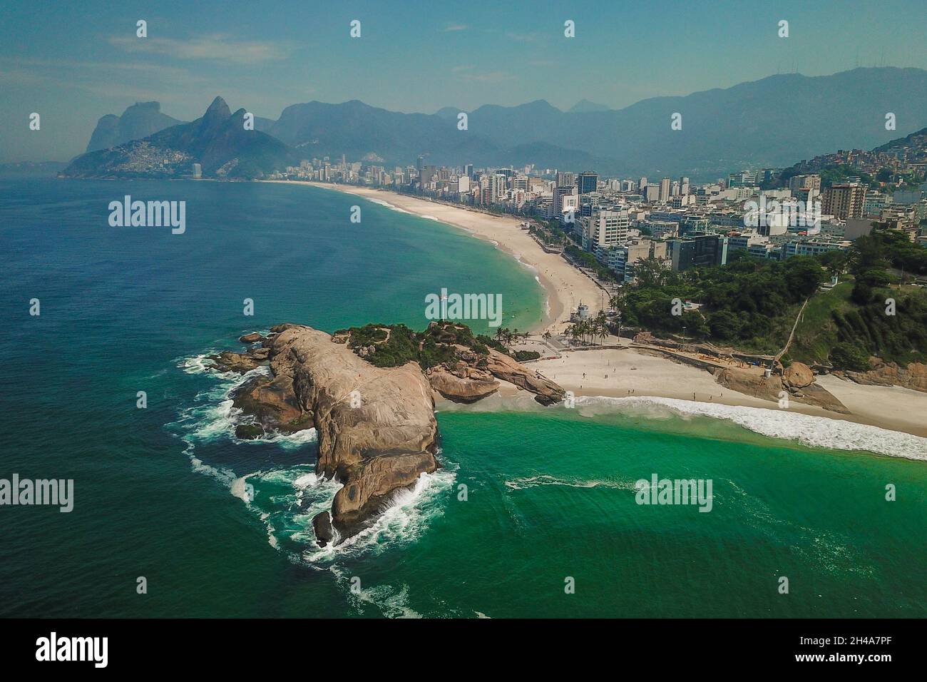 Aerial View of Arpoador Rock and Ipanema Beach in Rio de Janeiro, Brazil Stock Photo