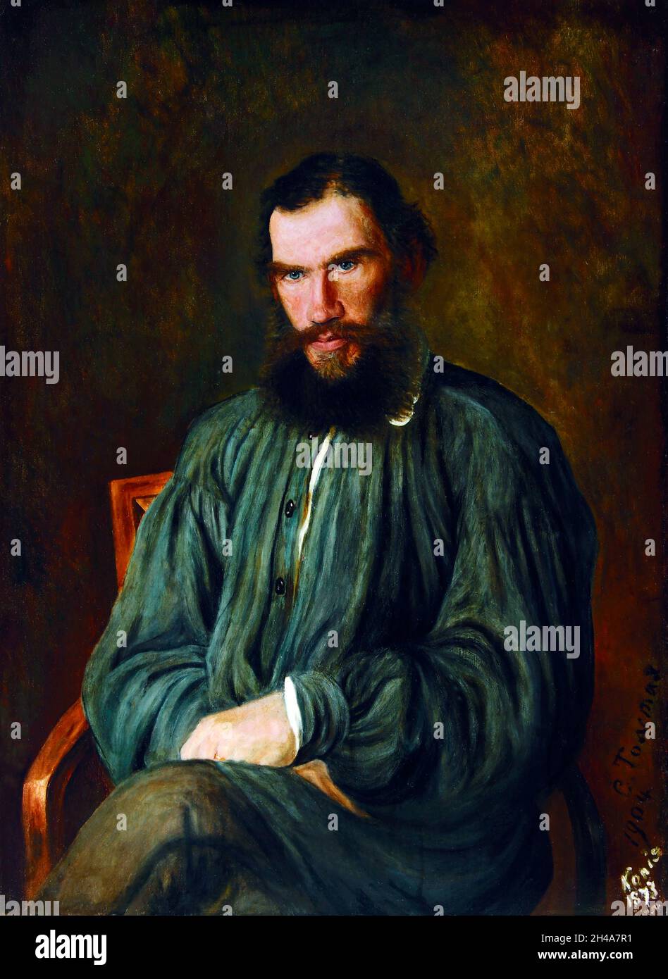Leo Tolstoy. Portrait of the famous Russian writer, Count Lev Nikolayevich Tolstoy (1828-1910) in 1873, oil on canvas, 1904 Stock Photo