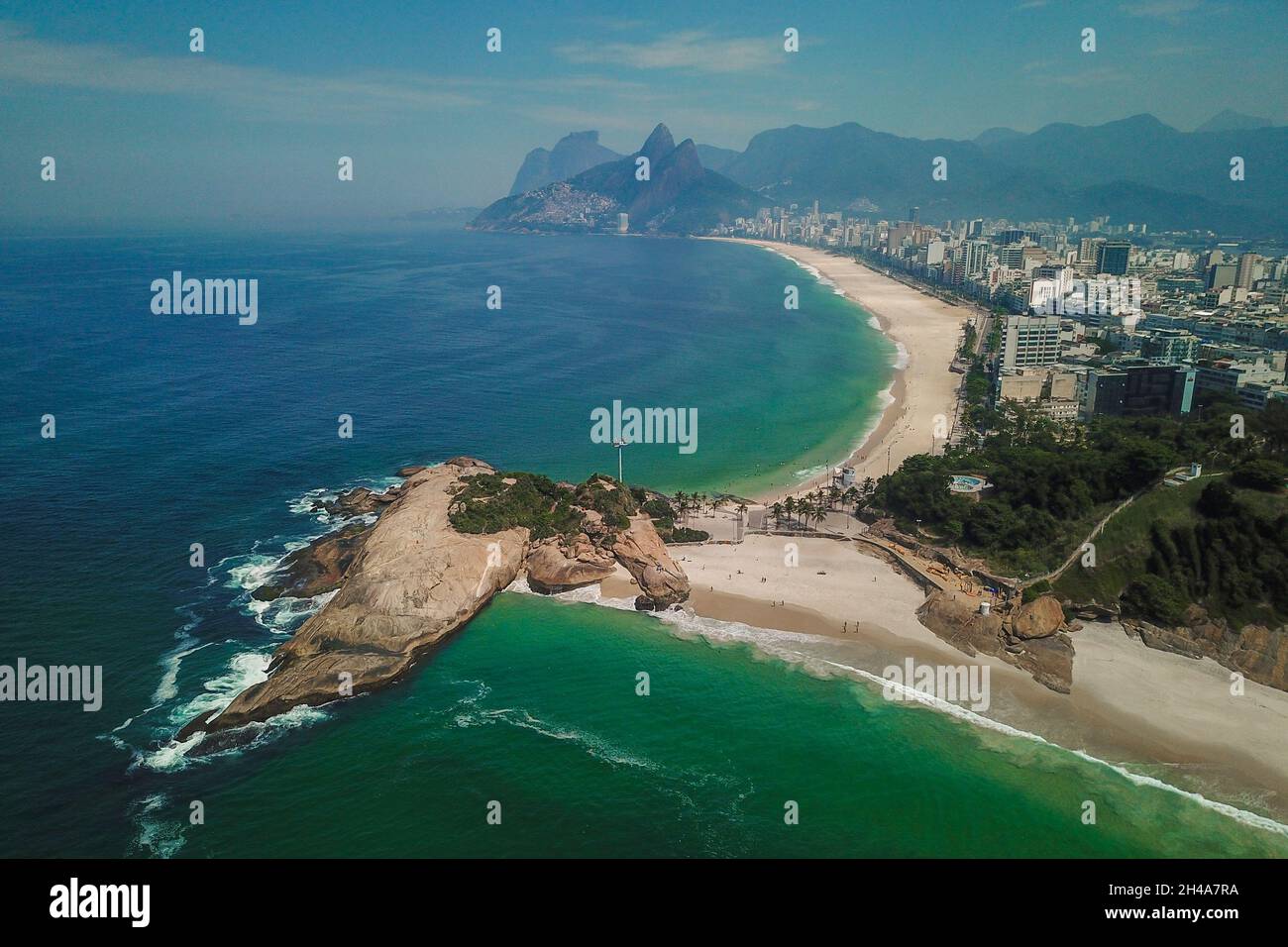 Aerial View of Arpoador Rock and Ipanema Beach in Rio de Janeiro, Brazil Stock Photo