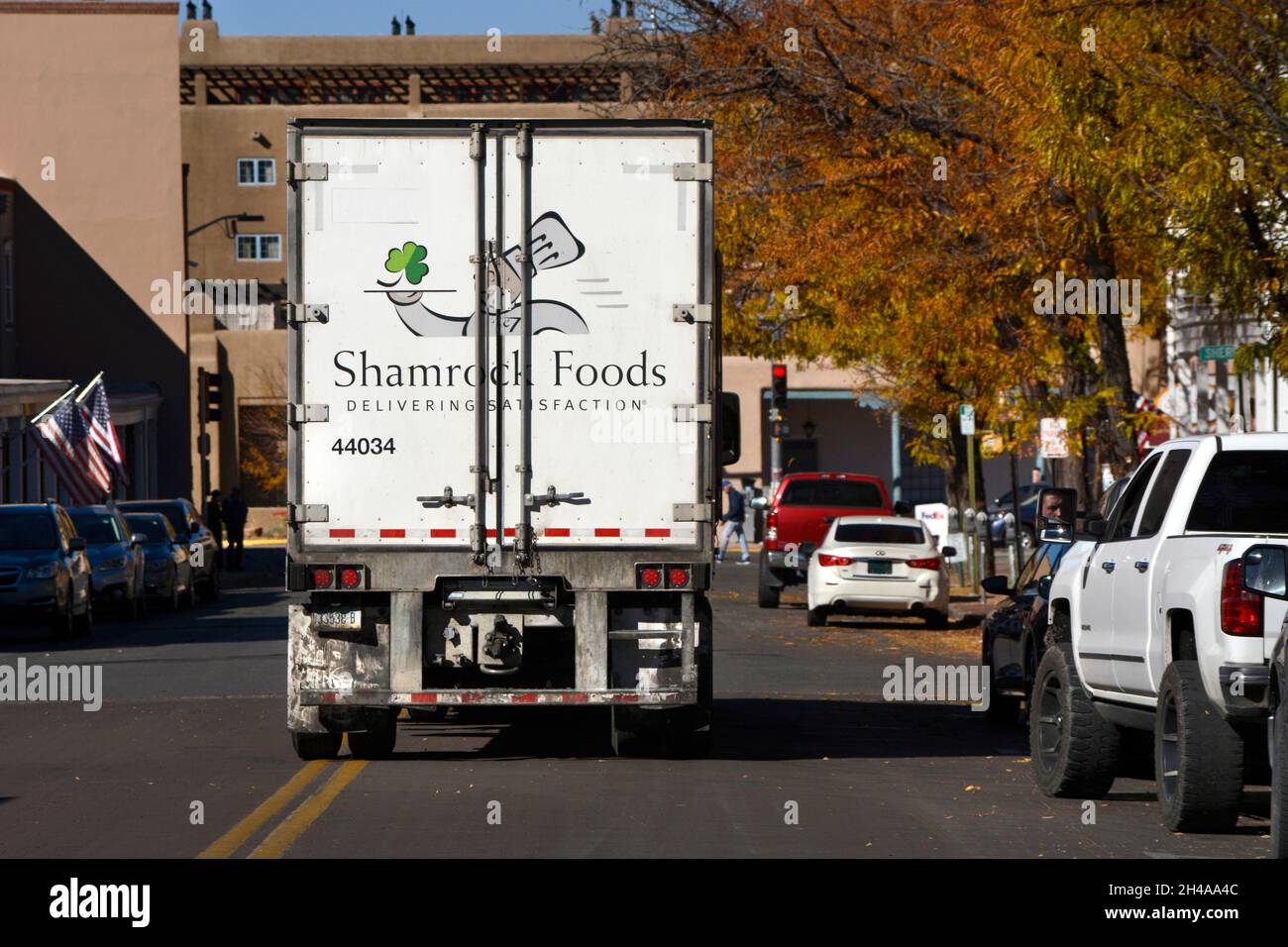 A Shamrock Foods Company truck delivers produce and other food items to restaurants in Santa Fe, New Mexico. Stock Photo