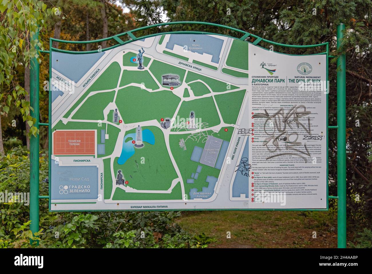 Novi Sad, Serbia - September 21, 2021: Map of Danube Park Natural Monument in Novi Sad. Stock Photo