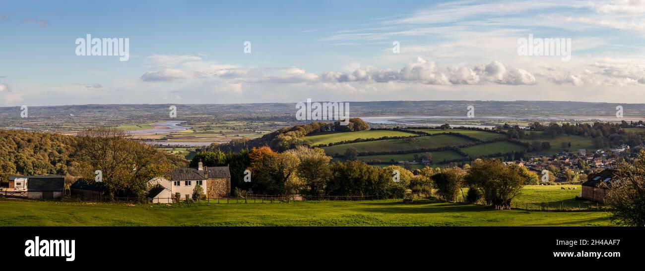 Looking over Littledean to the big bends of the River Severn at Awre and Broadoak. The Vale of Gloucester in the background. Stock Photo