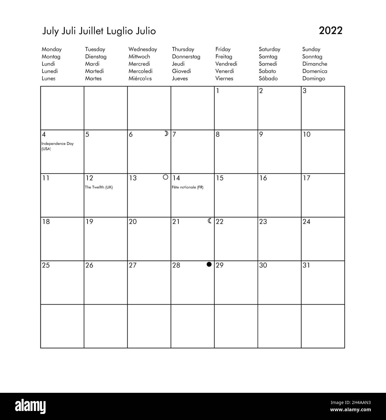 July International Calendar Of Year 2022 With Public Holidays And Bank Holidays For Uk Usa Germany France Italy Spain Stock Photo Alamy