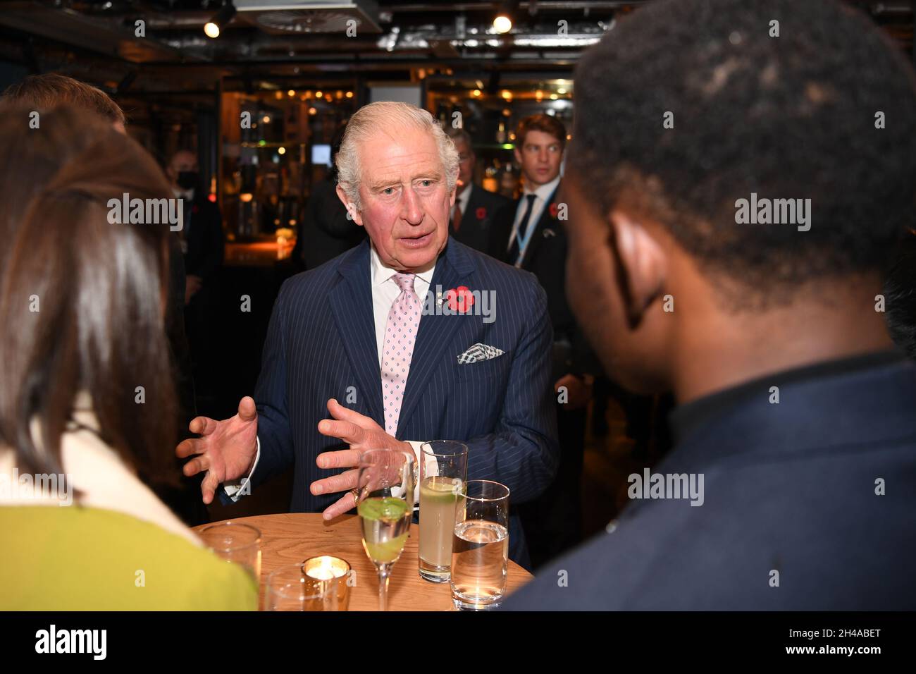 The Prince of Wales speaks with guests at the Clydeside Distillery, Glasgow, at a reception for the key members of the Sustainable Markets Initiative and the Winners and Finalists of the first Earthshot Prize Awards as the COP26 UN Climate Change Conference takes place in Glasgow. Picture date: Monday November 1, 2021. Stock Photo